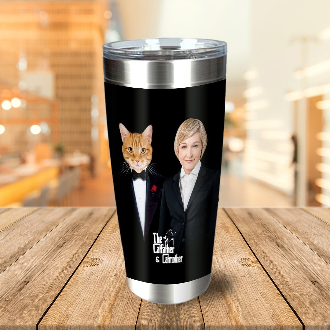 Black personalized stainless steel tumbler with "The Catfather & Catmother" design featuring a custom cat and woman portrait.