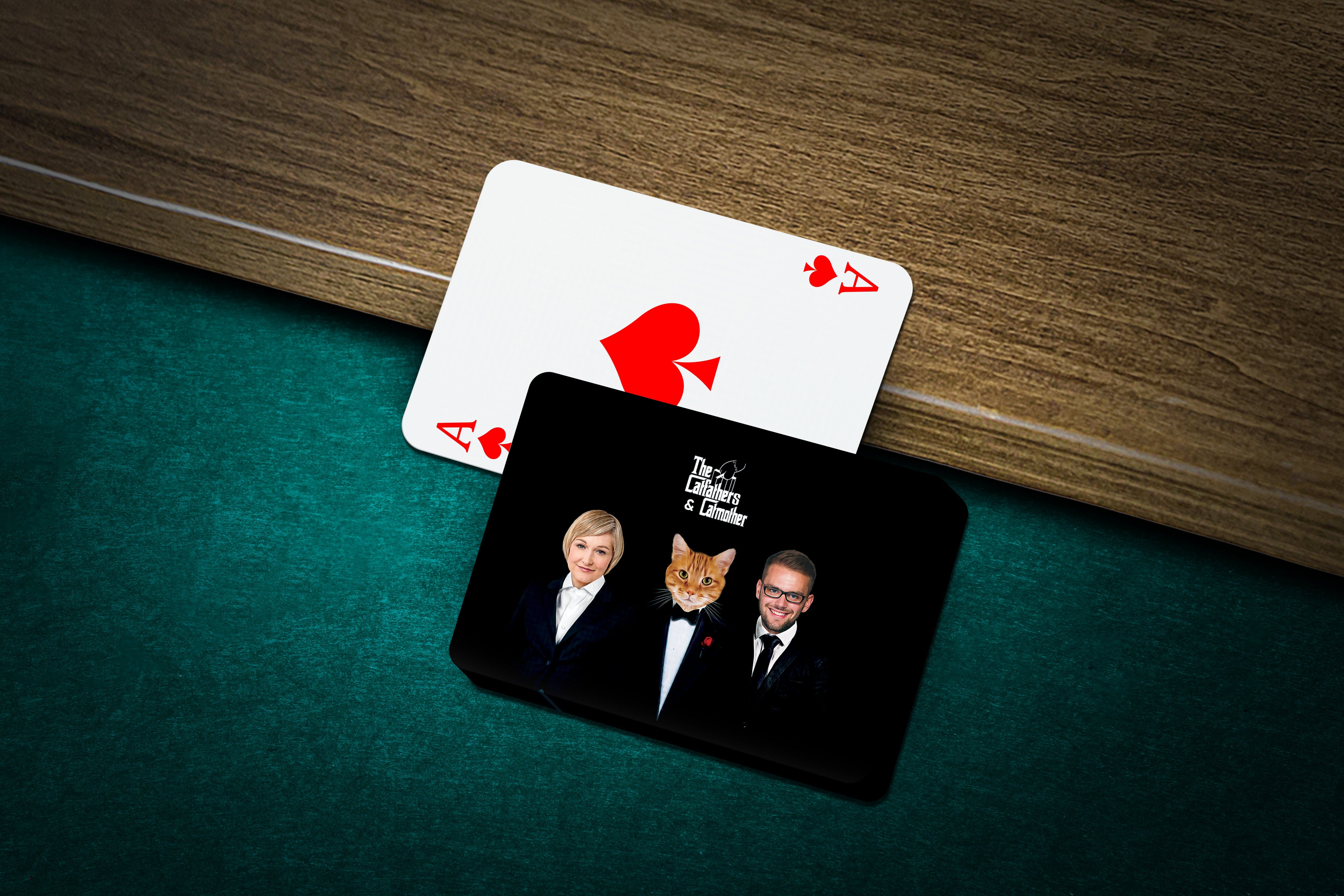 Personalized playing cards featuring a custom pet portrait of a cat and two people in "The Catfathers & Catmother" style.