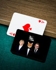 Personalized playing cards featuring a custom pet portrait of a cat and two people in "The Catfathers & Catmother" style.