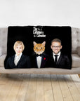 Custom black blanket with "The Catfathers & Catmother" text, featuring personalized portraits of a woman, an orange cat in a tuxedo, and a man.