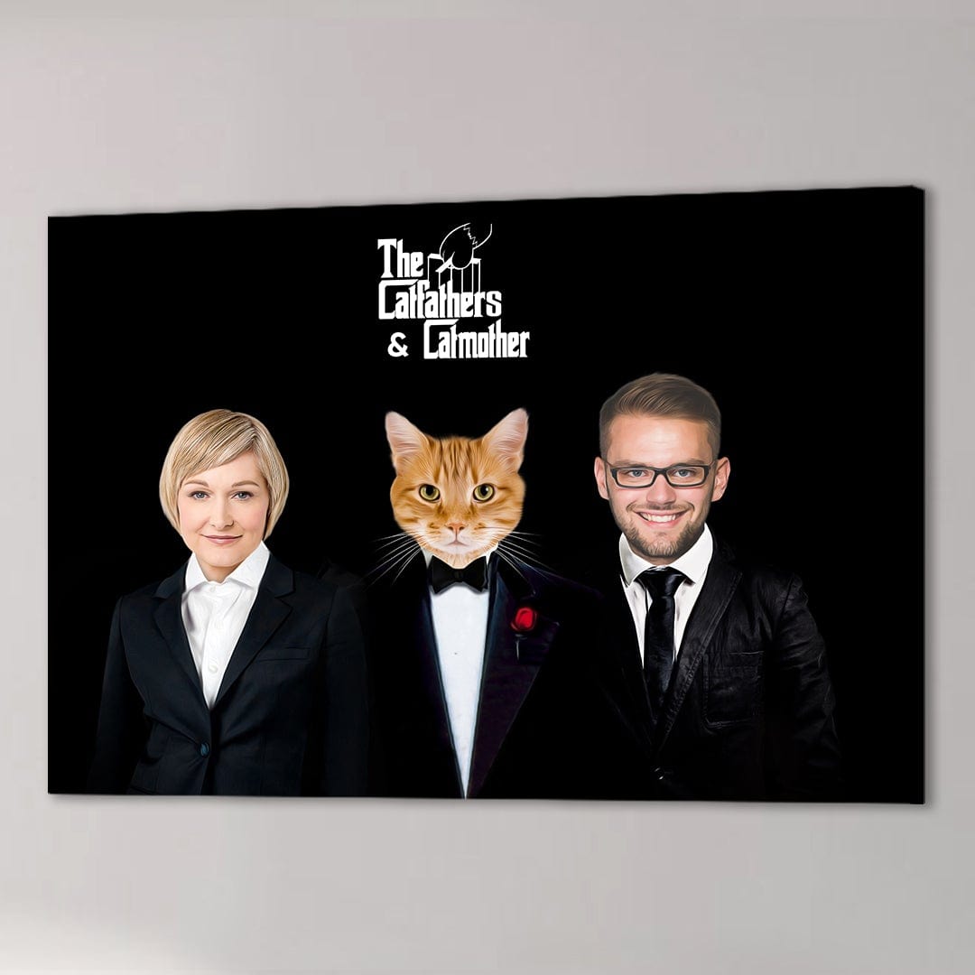 Personalized "The Catfathers & Catmother" canvas featuring a woman, man, and cat in tuxedos on black.