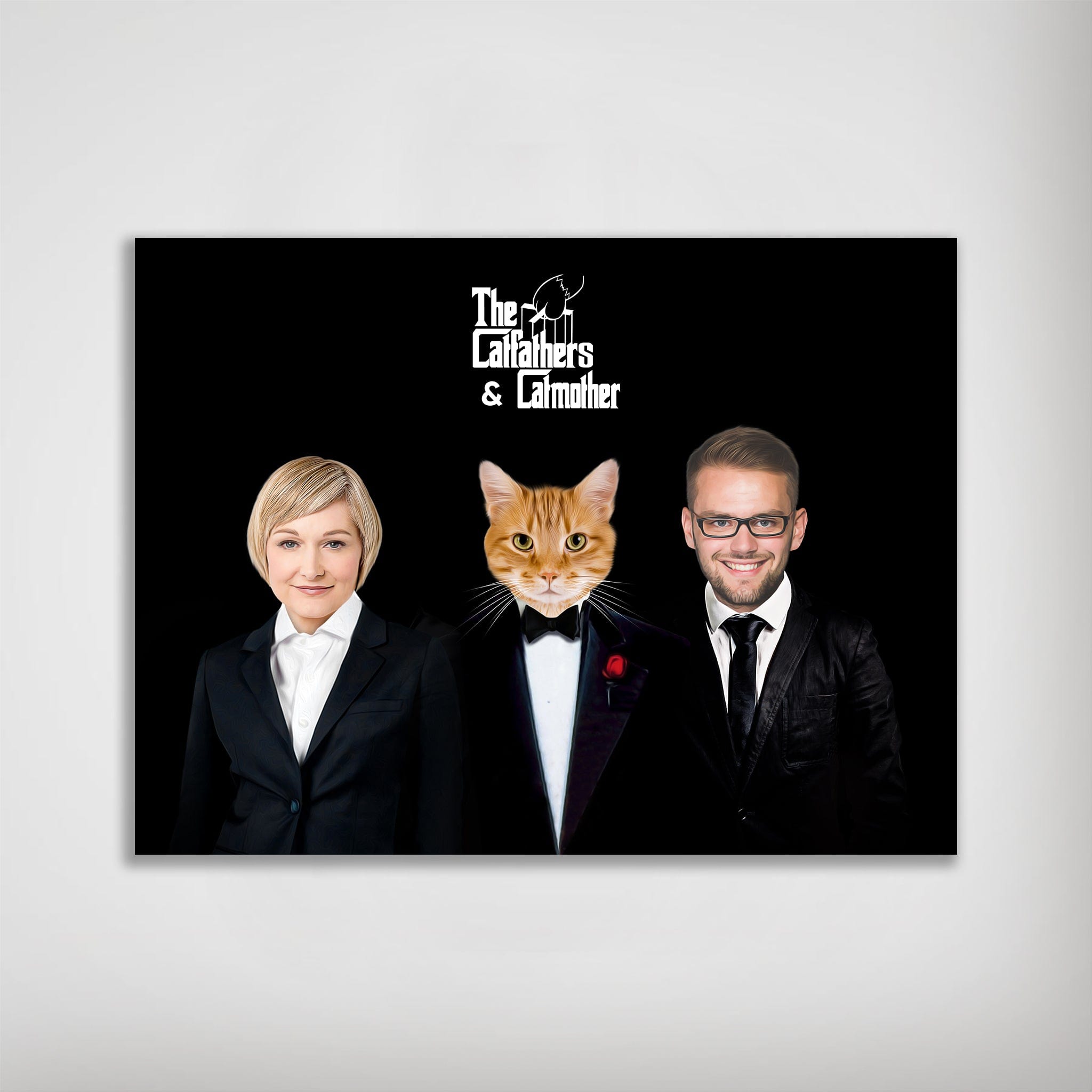 Personalized "The Catfathers &amp; Catmother" poster featuring a woman, cat, and man in suits on black.