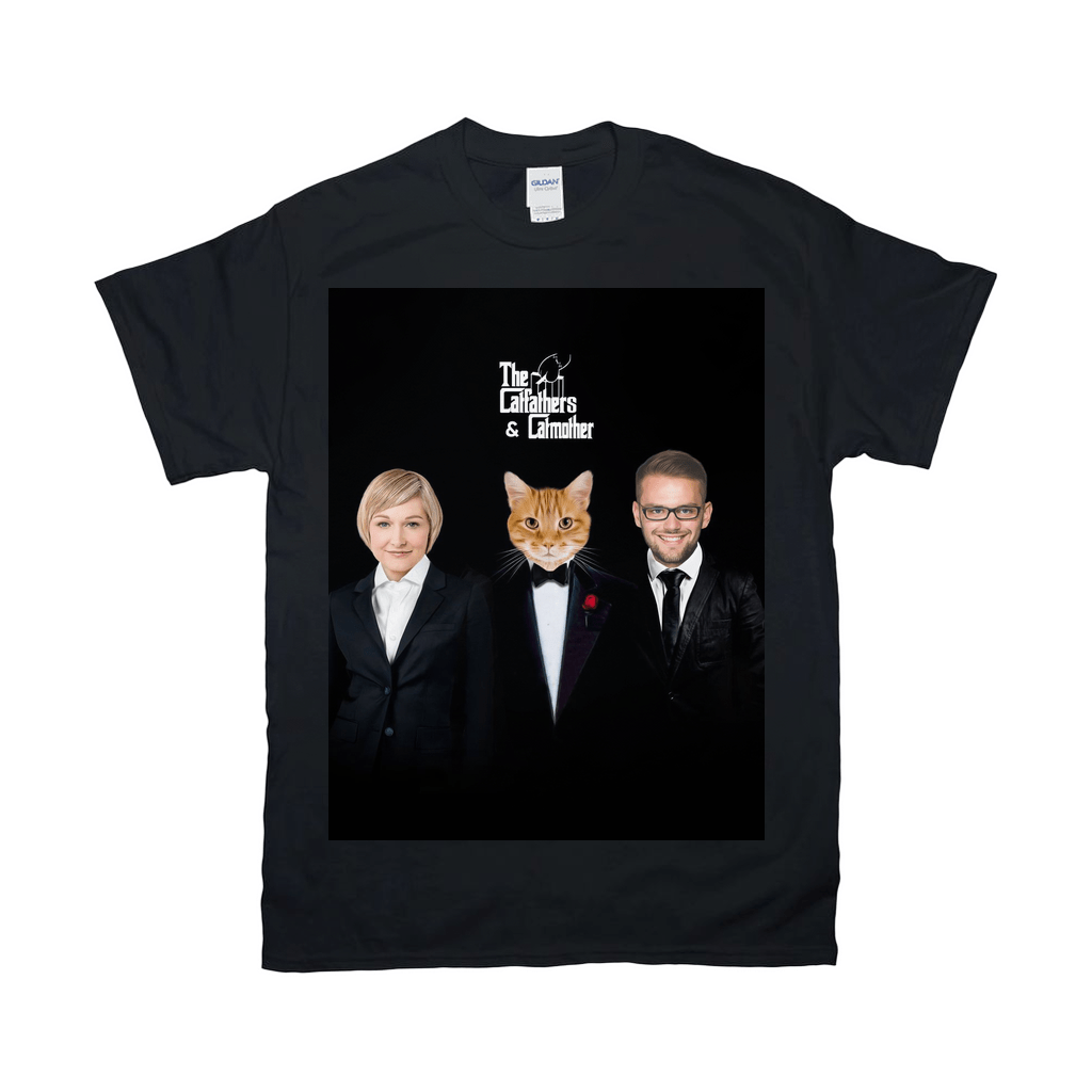 Black Gildan t-shirt featuring "The Catfathers & Catmother" design with a cat and two humans in suits.
