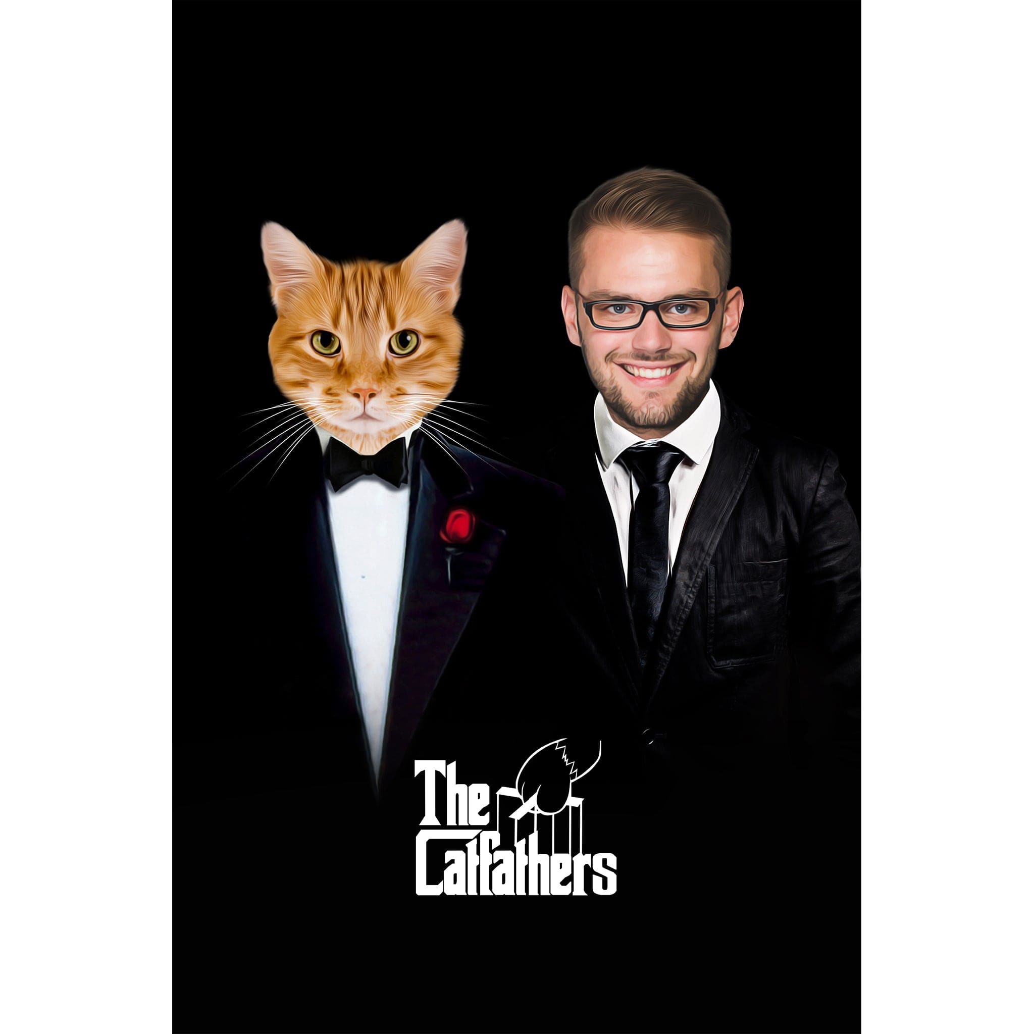 Personalized "The Catfathers" digital portrait featuring a man and an orange cat in tuxedos.