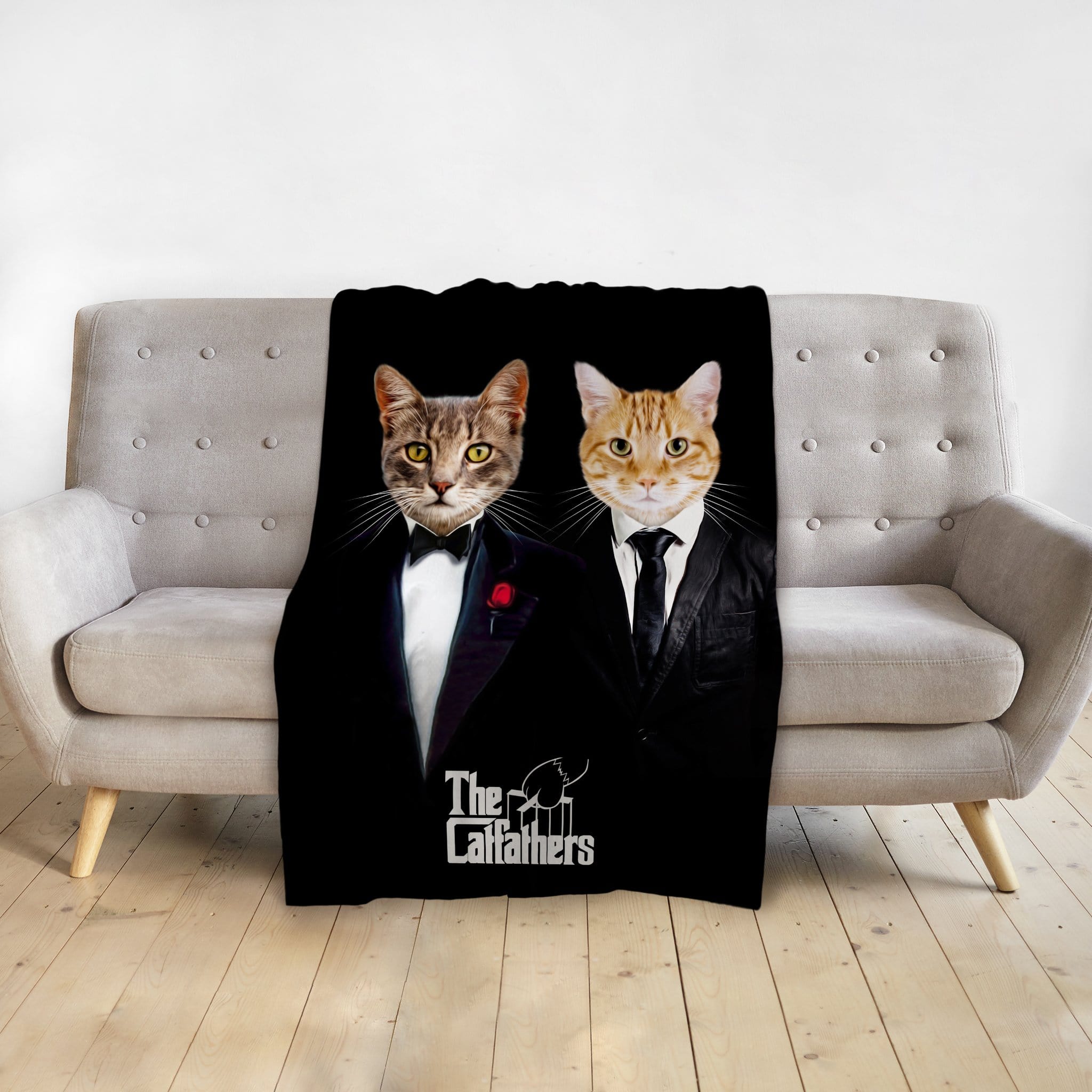 Personalized black minky blanket featuring two cats in "The Catfathers" renaissance royal portrait style.