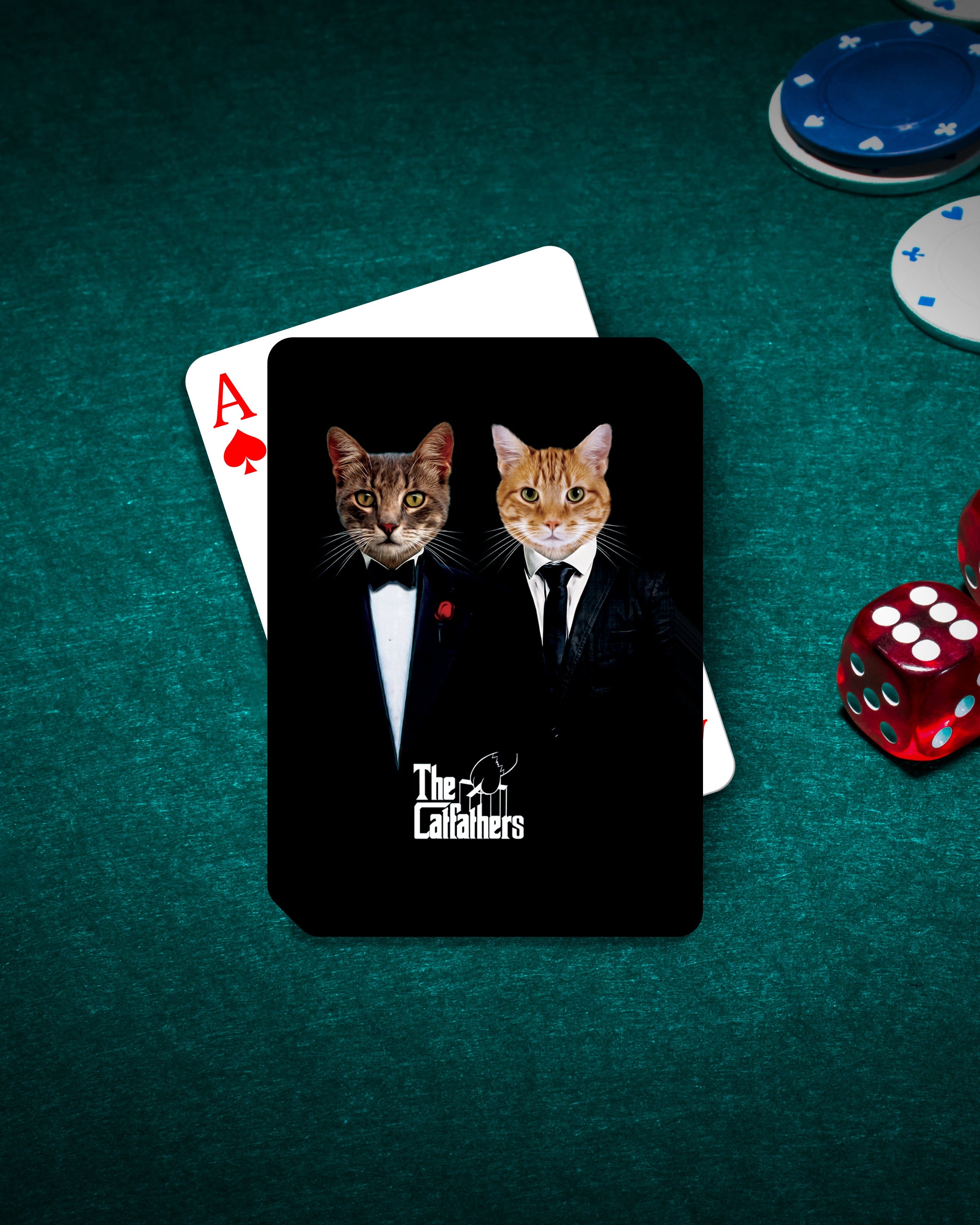 Personalized playing cards featuring two cats in "The Catfathers" suits on a green felt table with chips and dice.