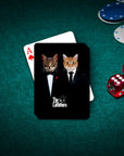 Personalized playing cards featuring two cats in "The Catfathers" suits on a green felt table with chips and dice.