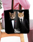 Personalized black tote bag with two custom cat portraits in "The Catfathers" suits.