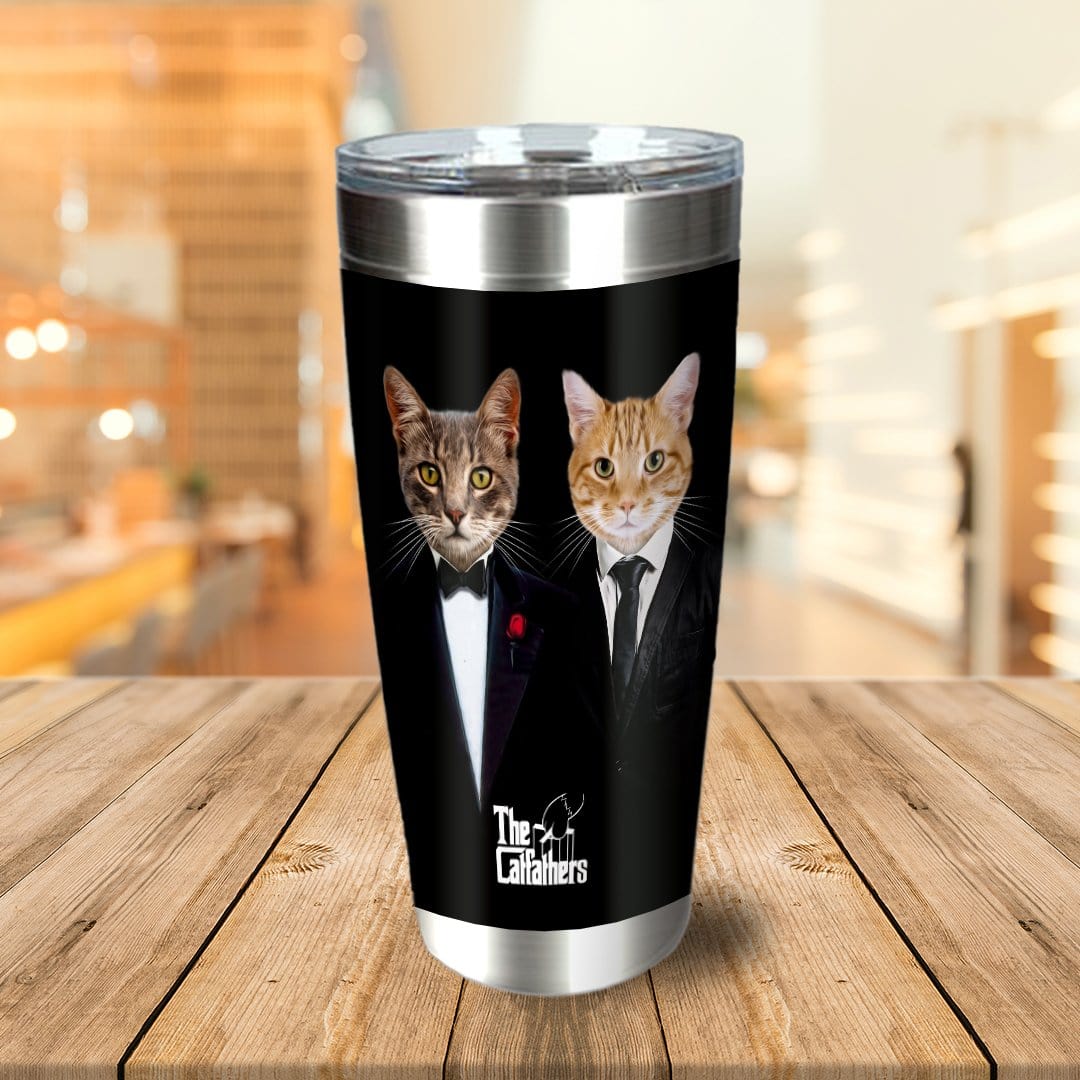 Personalized black stainless steel tumbler with two custom cat portraits in "The Catfathers" suits.