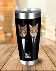 Personalized black stainless steel tumbler with two custom cat portraits in "The Catfathers" suits.