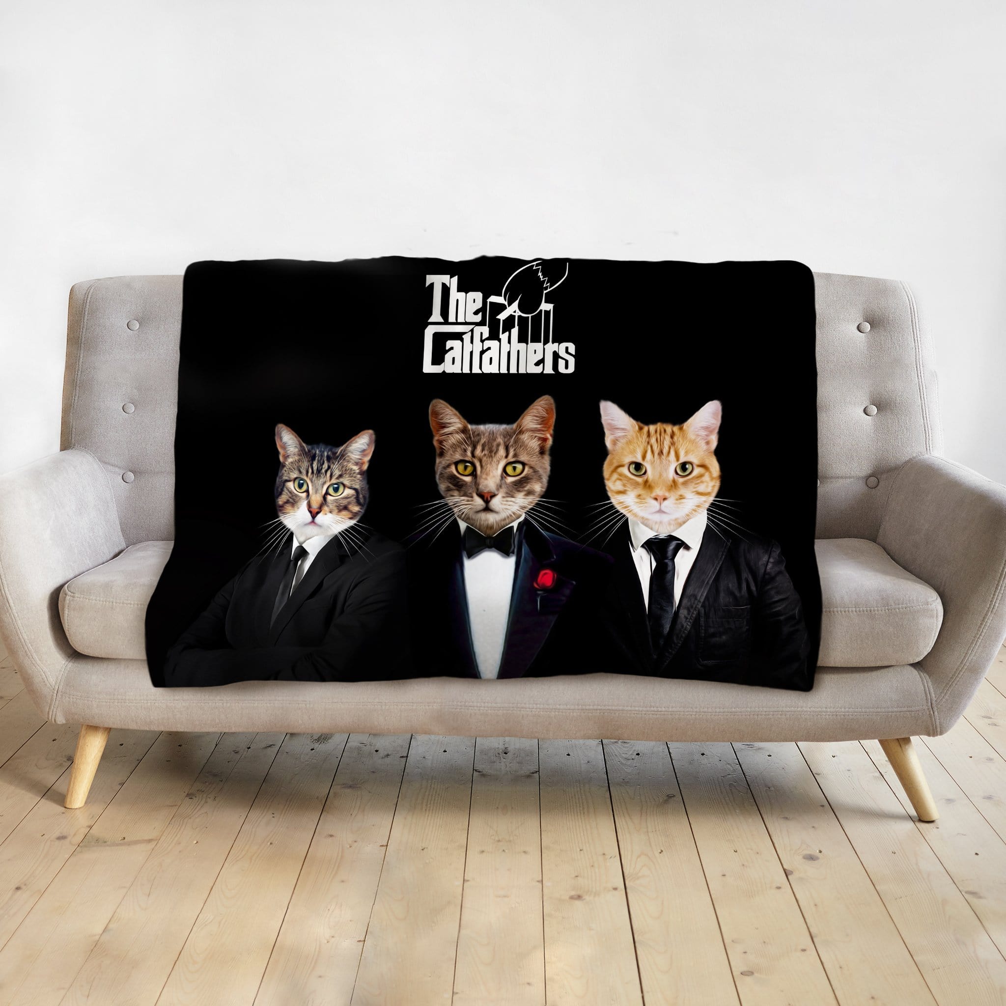 Personalized black minky blanket with three custom cat portraits in "The Catfathers" suits.