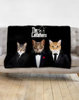 Personalized black minky blanket with three custom cat portraits in "The Catfathers" suits.