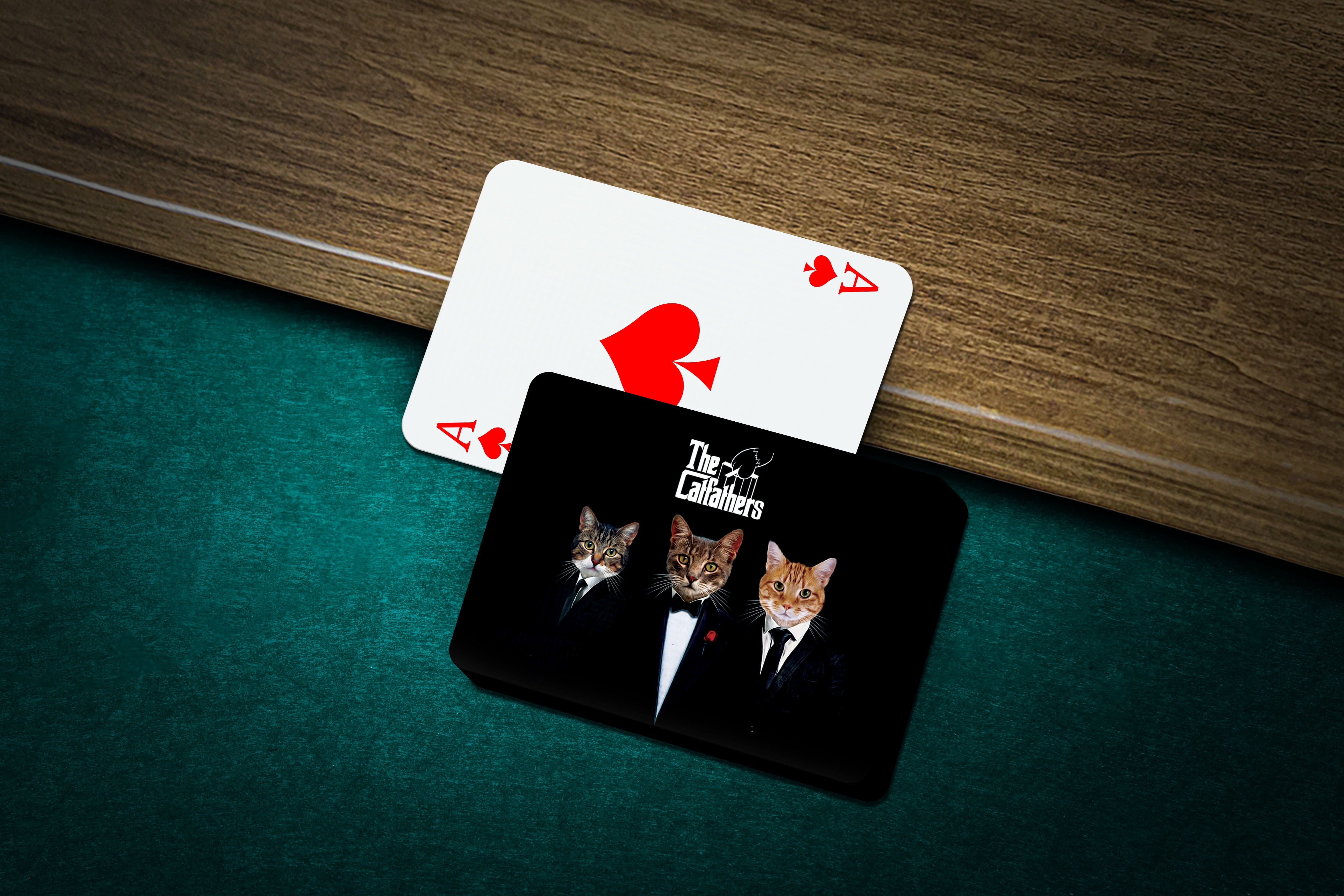 Personalized "The Catfathers" playing cards featuring three custom pet portraits in suits.