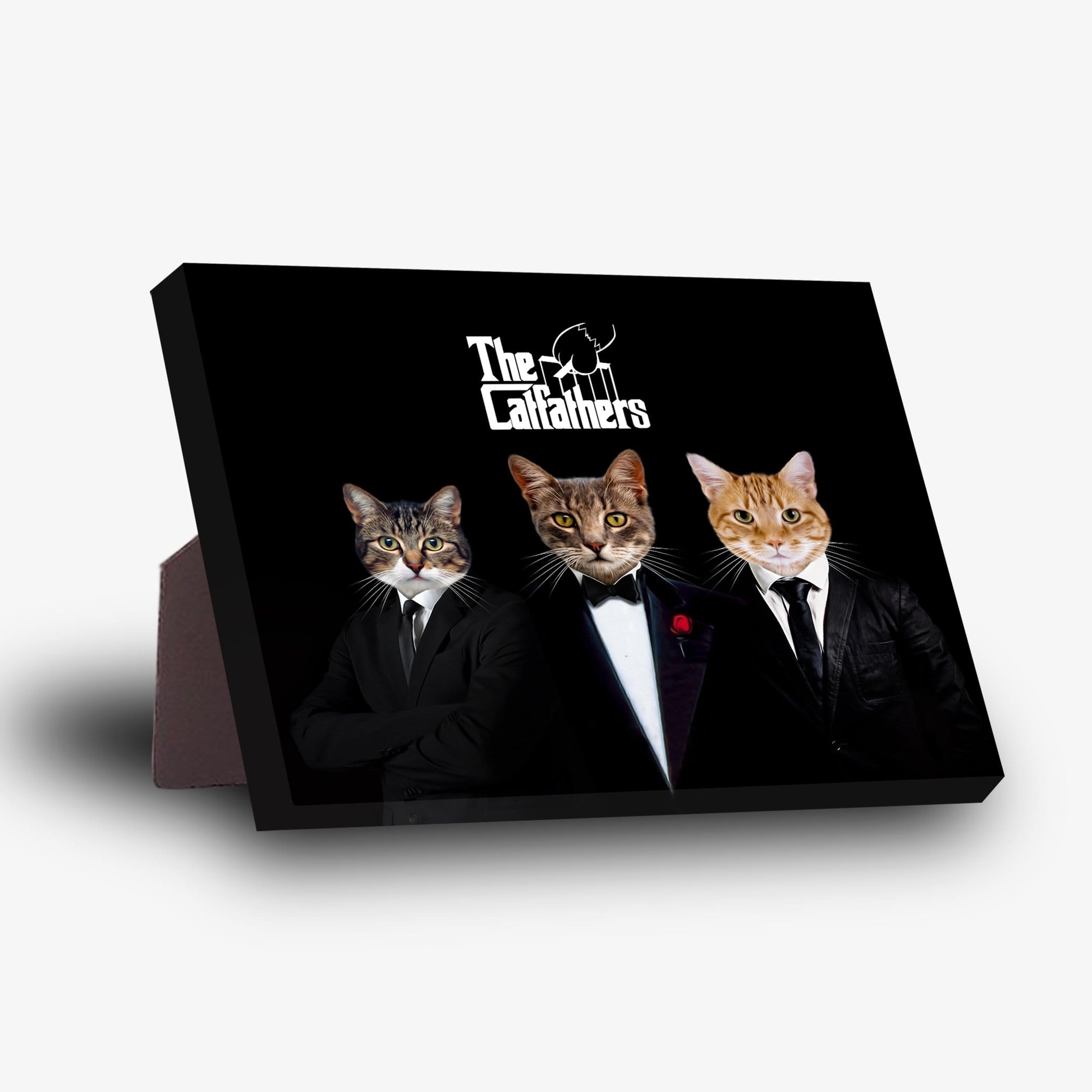 Black standing canvas featuring three personalized pet portraits in "The Catfathers" suits.