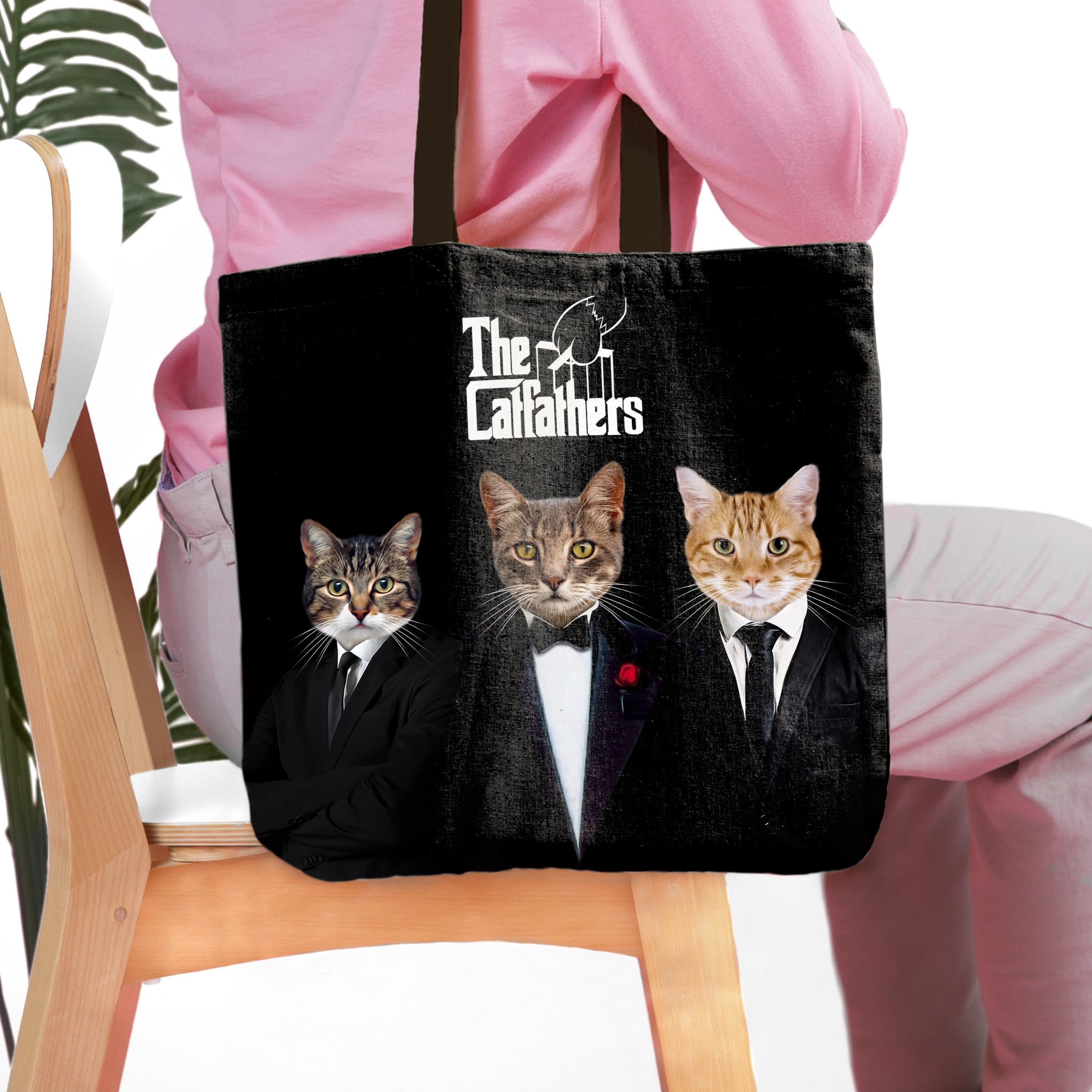 Personalized black tote bag with three custom cat portraits dressed as "The Catfathers.