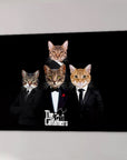 Personalized "The Catfathers" canvas featuring four custom pet portraits in black suits on a dark background.