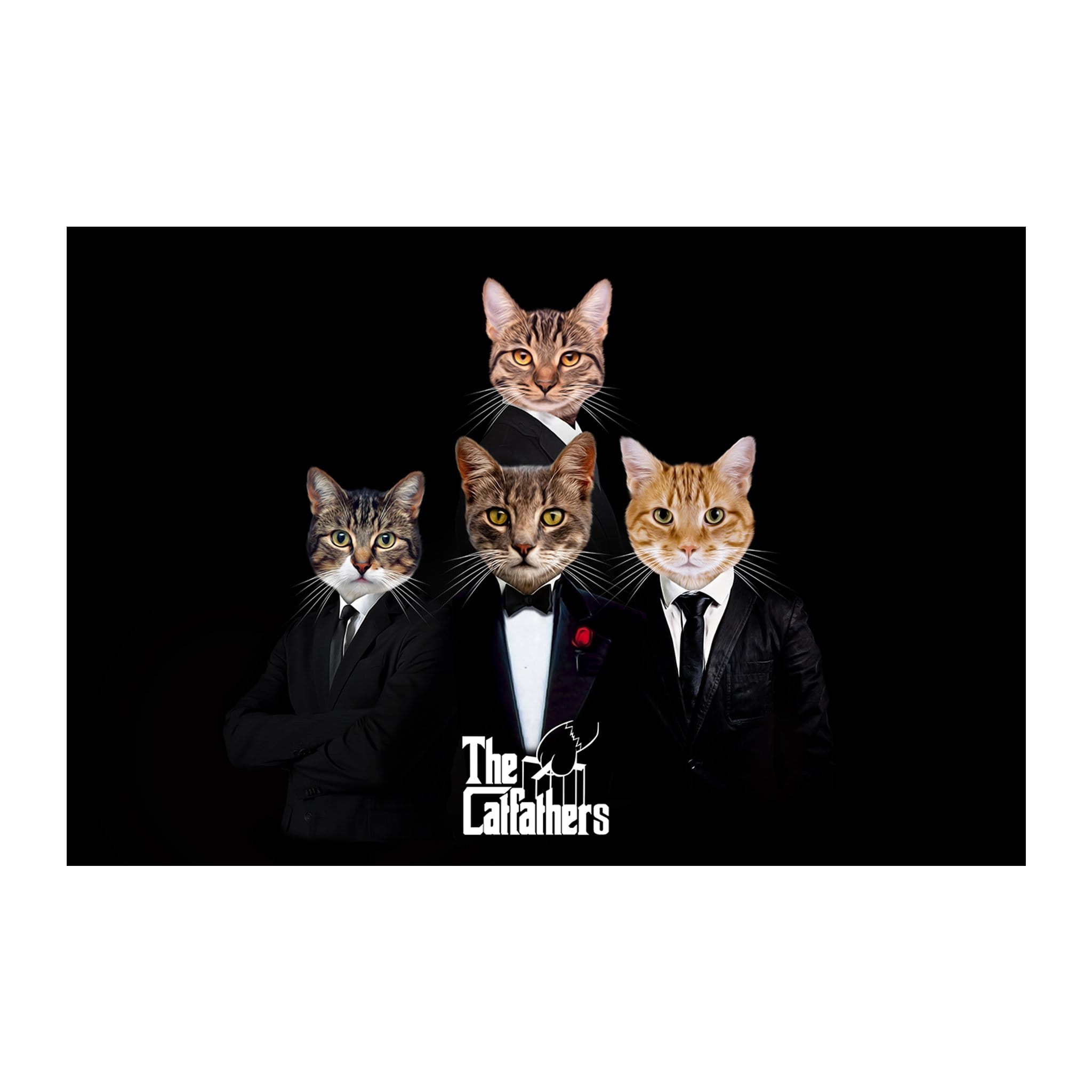 Personalized 'The Catfathers' digital portrait featuring four cats in suits on a black background.