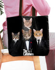 Personalized black tote bag with four custom cat portraits in "The Catfathers" renaissance style.