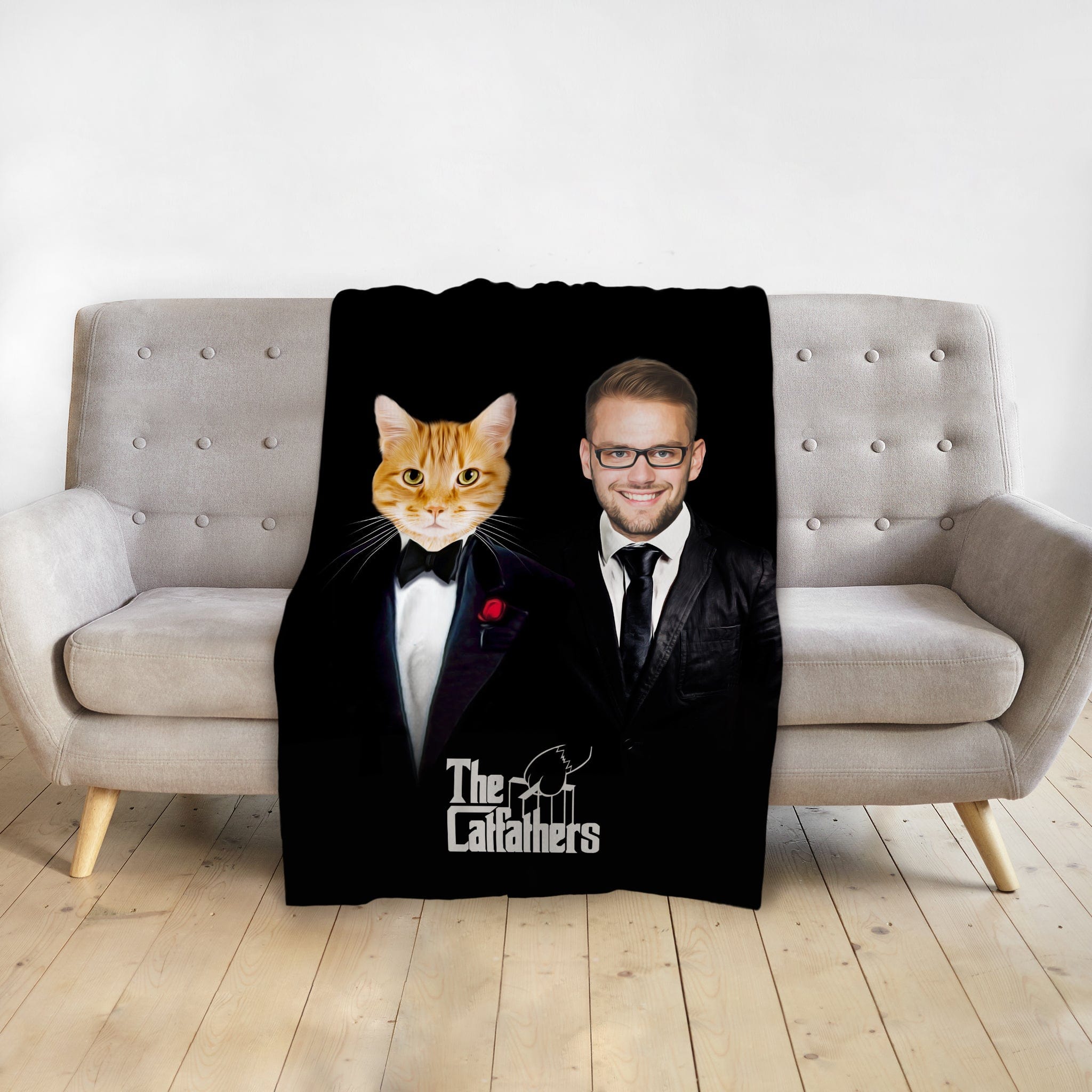 Personalized black minky blanket with a custom "The Catfathers" portrait of a cat and man in tuxedos.