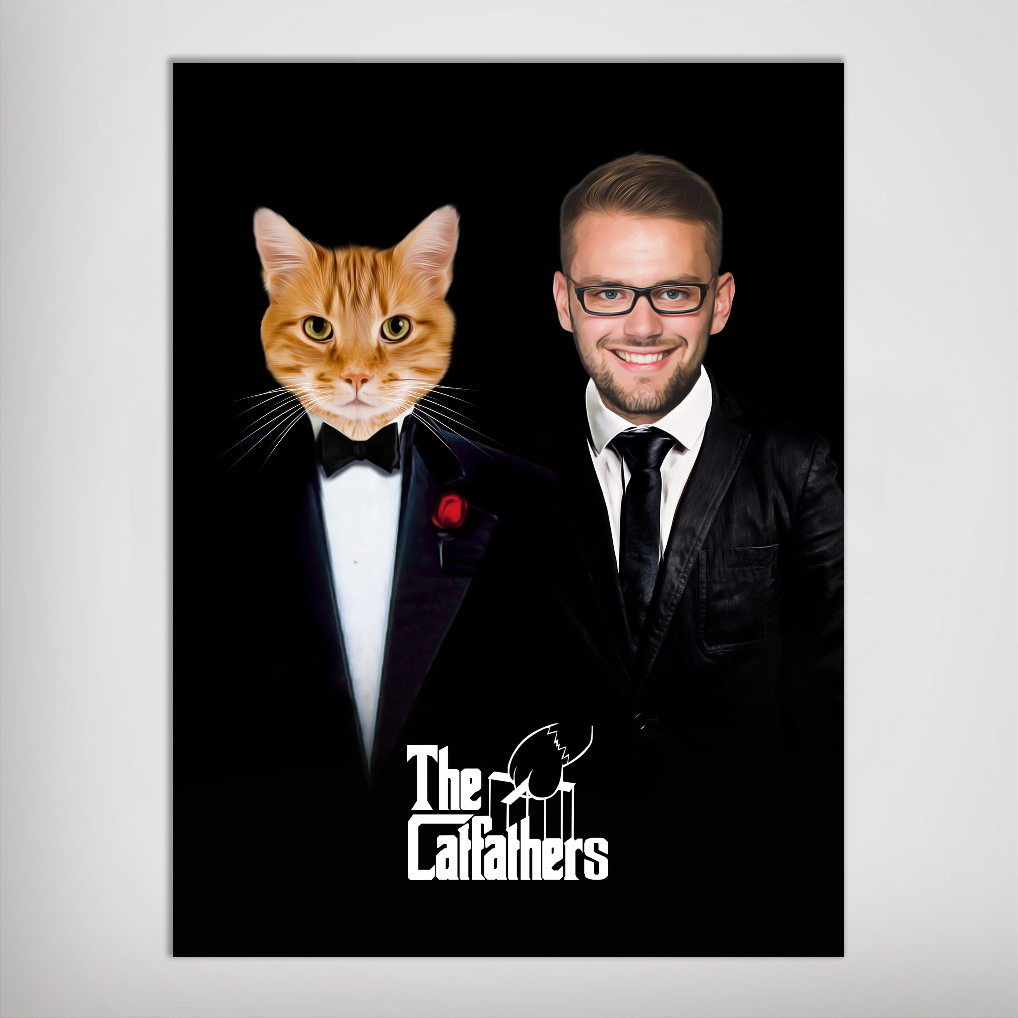 Personalized 'The Catfathers' poster featuring a man and an orange cat in black tuxedos.