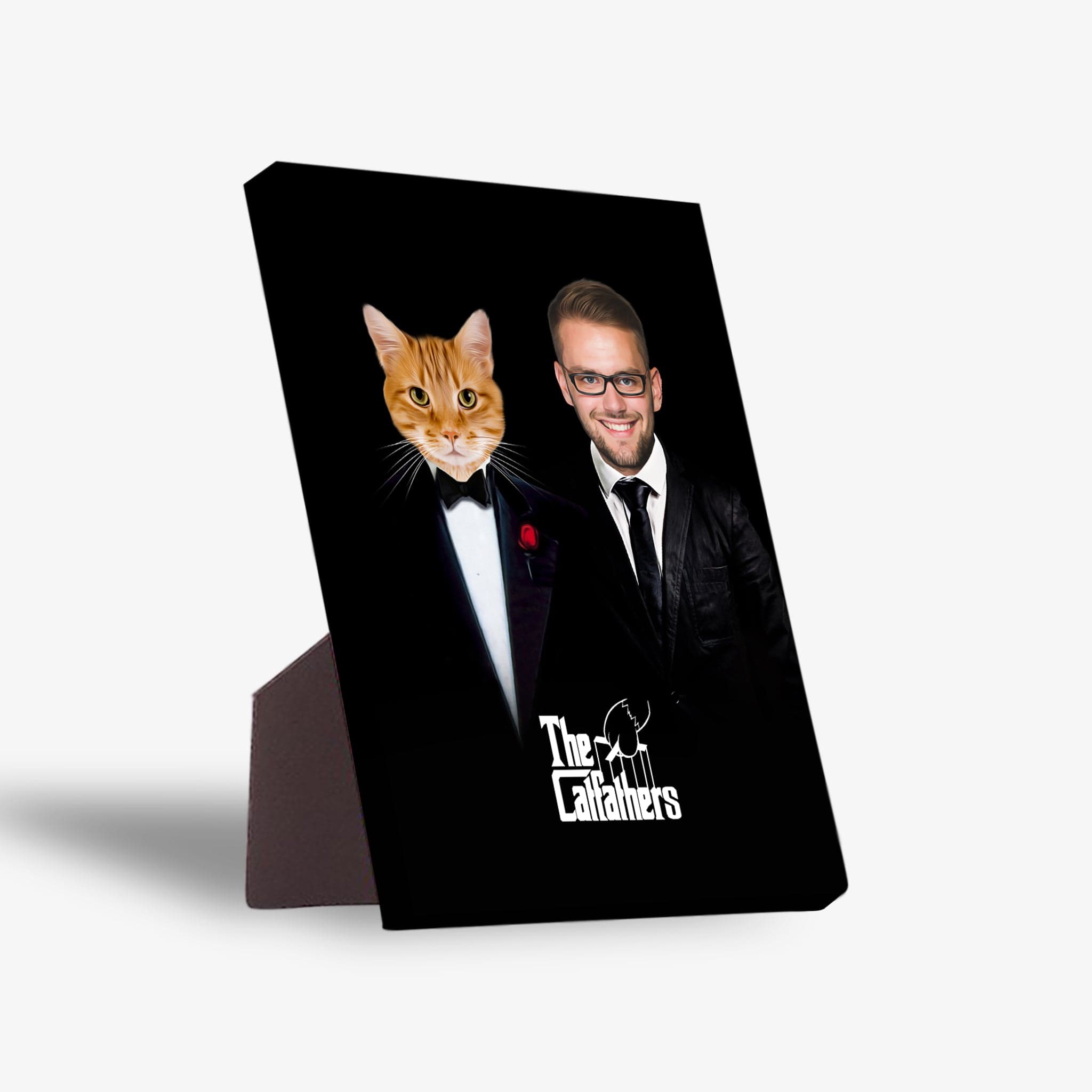 Personalized 'The Catfathers' standing canvas featuring a man and an orange cat in tuxedos on a black background.