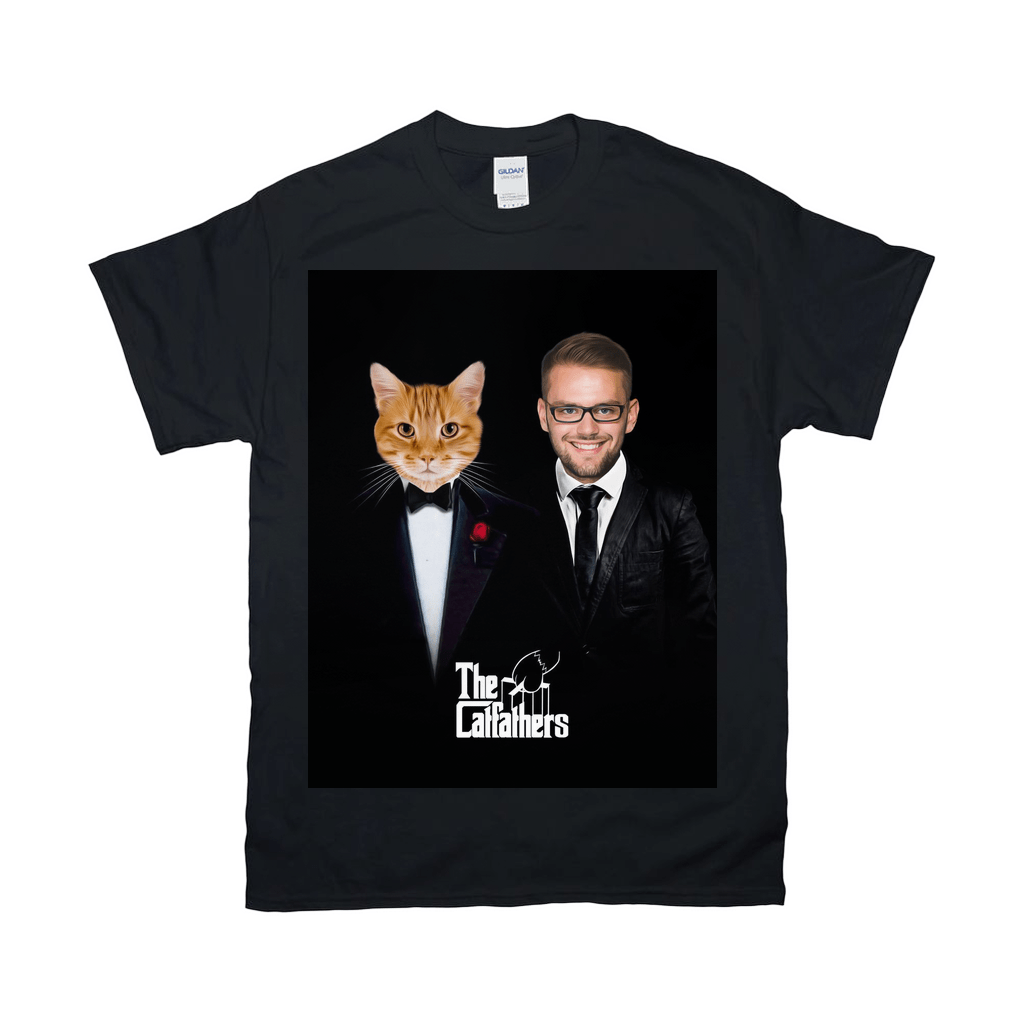Black Gildan t-shirt featuring a personalized "The Catfathers" design with a cat and man in tuxedos.