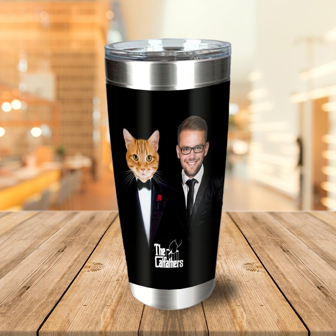 Personalized black stainless steel tumbler with a custom "The Catfathers" portrait of a man and an orange cat in tuxedos.