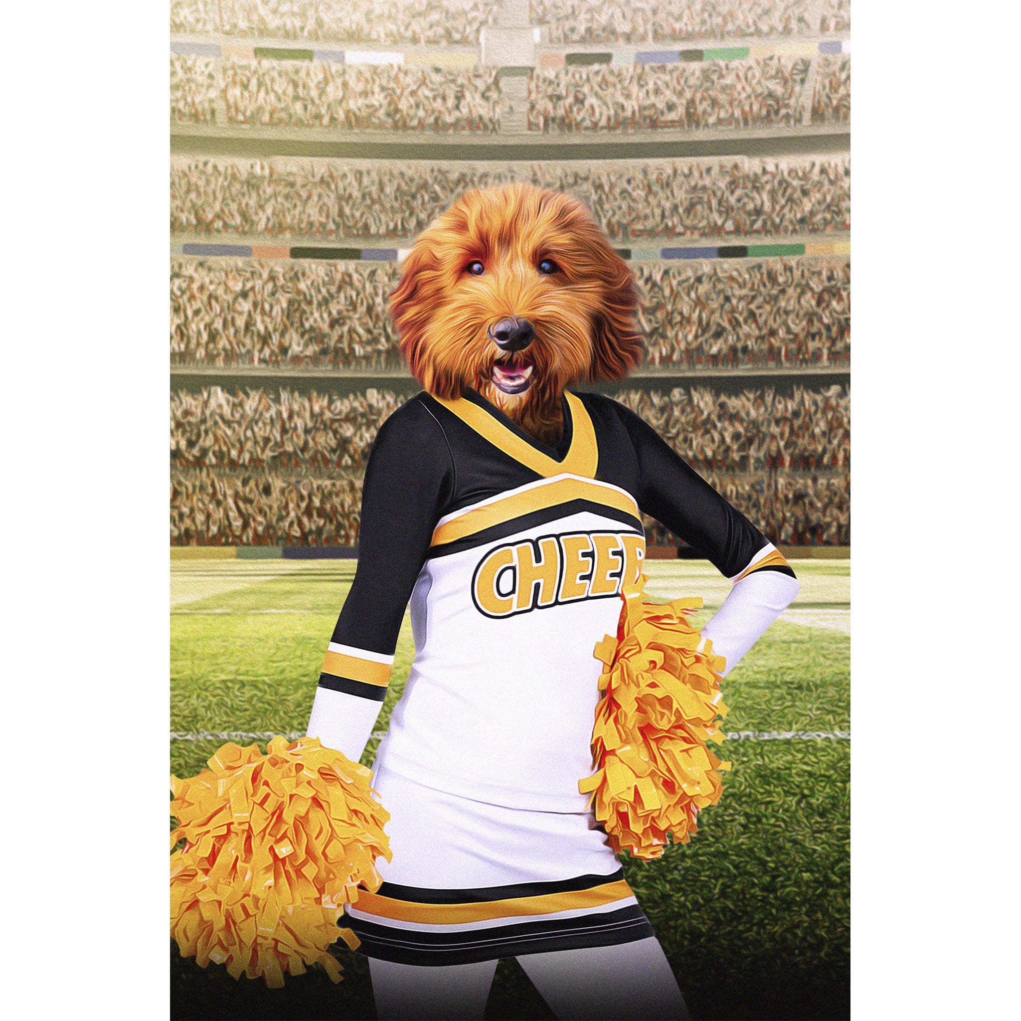 Custom digital portrait of a dog's head on a cheerleader in a stadium.