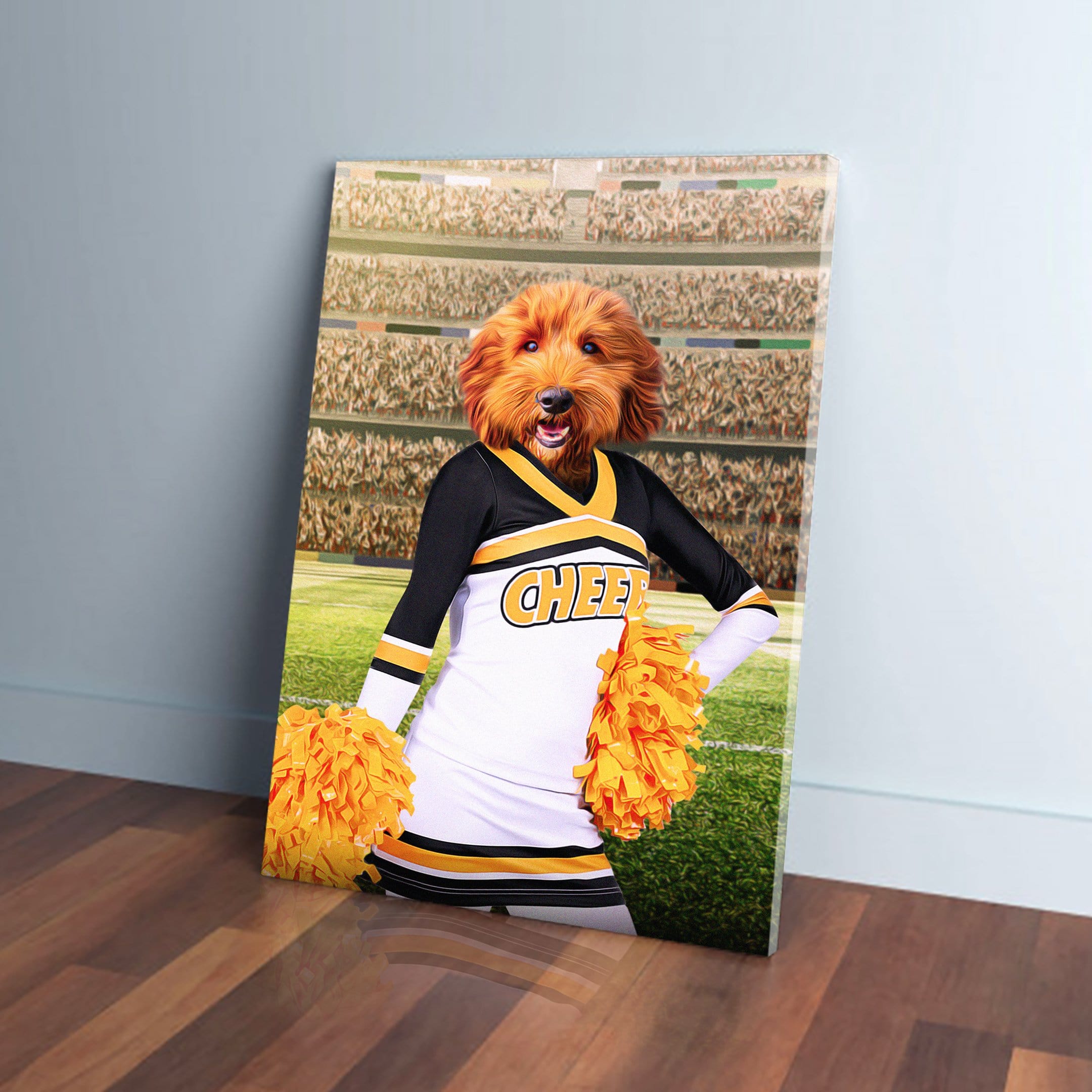 Custom pet canvas featuring a golden doodle's head on a cheerleader in a black, white, and gold uniform with orange pom-poms, standing on a football field.