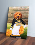 Custom pet canvas featuring a golden doodle's head on a cheerleader in a black, white, and gold uniform with orange pom-poms, standing on a football field.