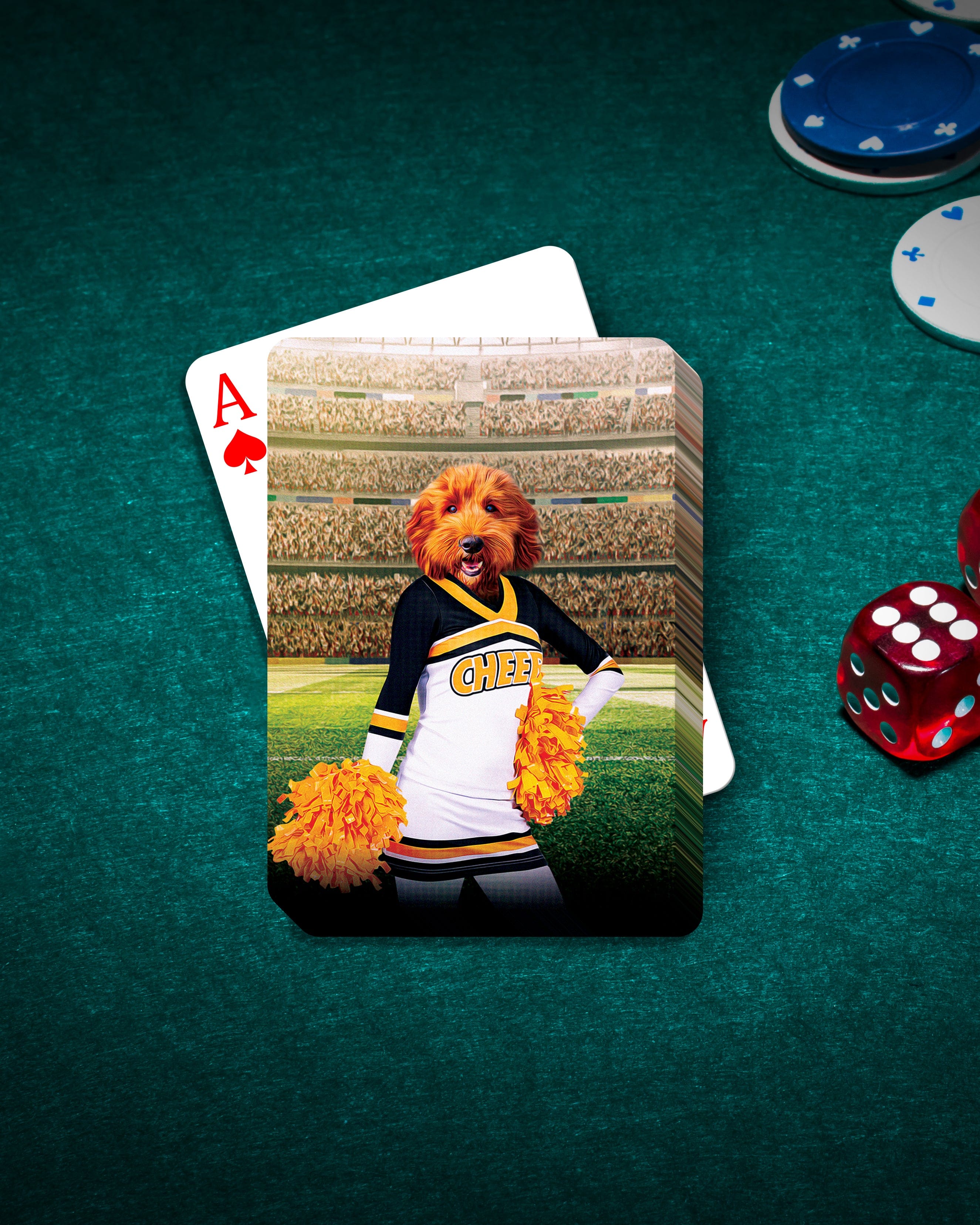 Personalized playing cards featuring a dog's head on a cheerleader's body, with an ace card and poker chips.