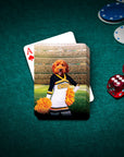 Personalized playing cards featuring a dog's head on a cheerleader's body, with an ace card and poker chips.