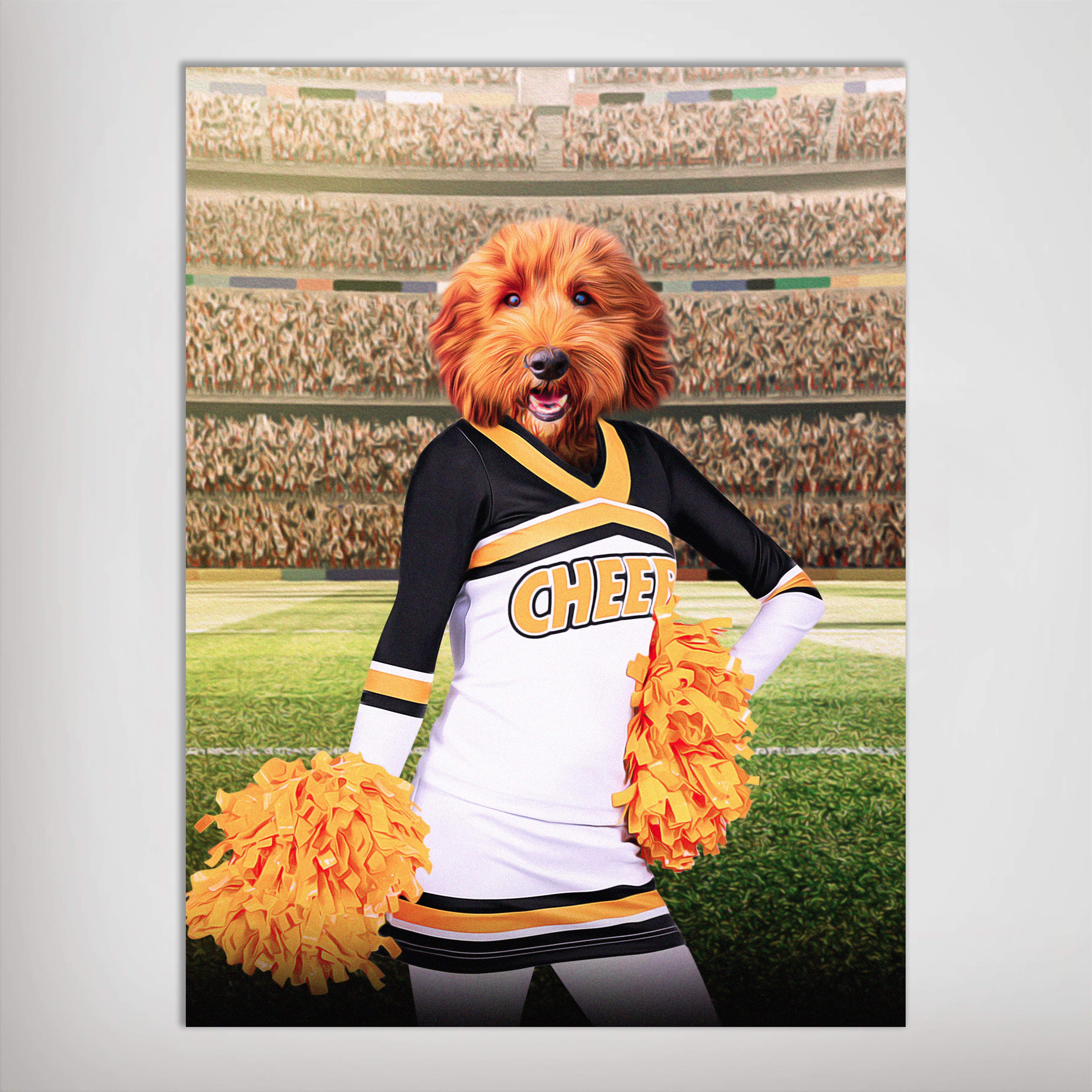 Personalized pet poster featuring a golden doodle's head on a cheerleader's body in a black, white, and gold uniform with pom-poms, against a stadium backdrop.