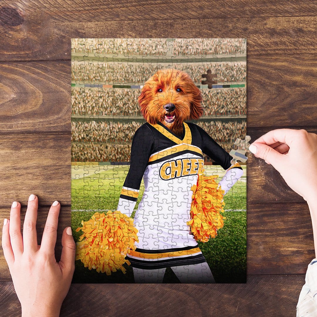 Custom pet puzzle featuring a dog's head on a cheerleader body with yellow pom-poms, on a stadium background.
