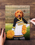 Custom pet puzzle featuring a dog's head on a cheerleader body with yellow pom-poms, on a stadium background.