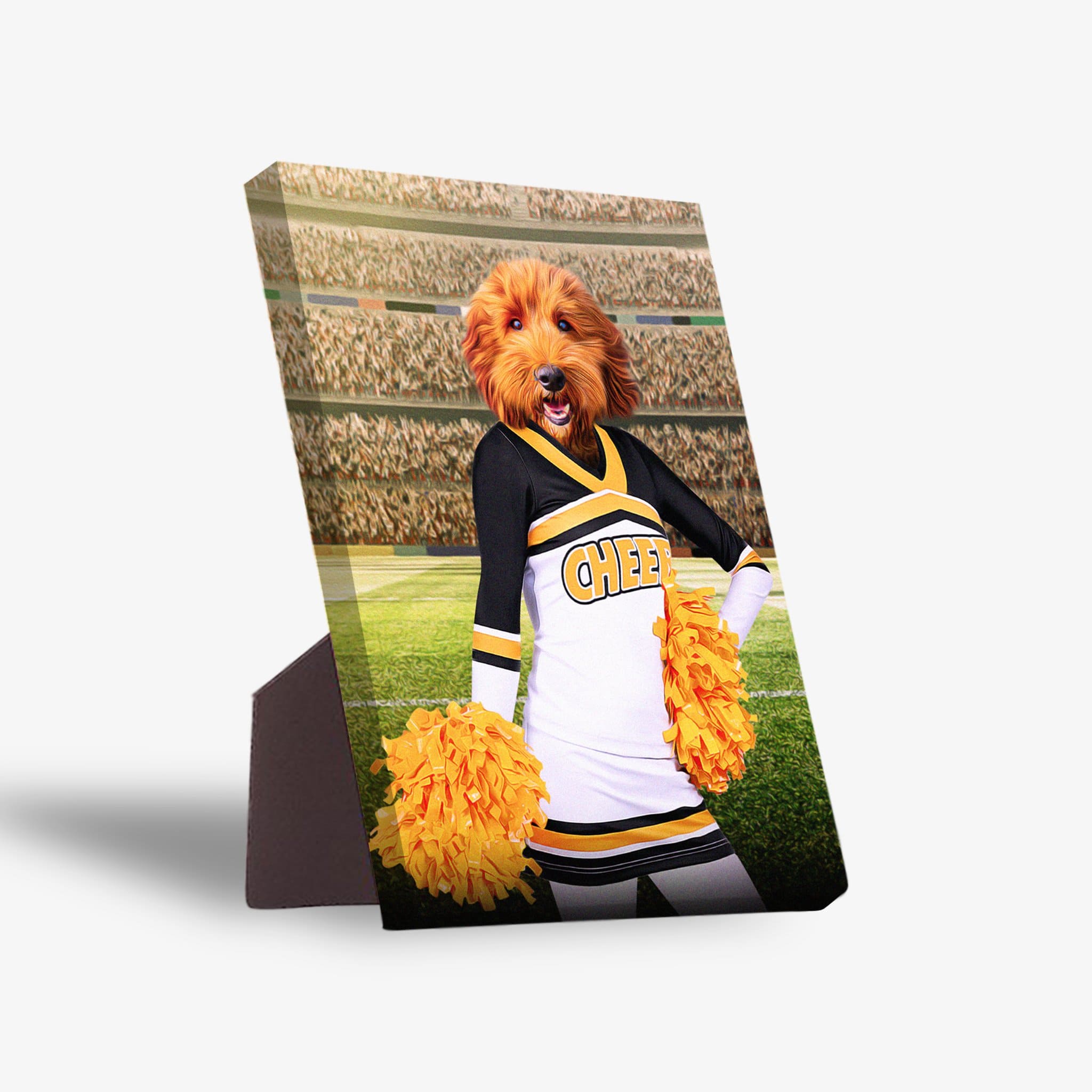 Personalized pet portrait canvas featuring a golden doodle in a black and white cheerleader uniform with yellow pom-poms.