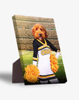 Personalized pet portrait canvas featuring a golden doodle in a black and white cheerleader uniform with yellow pom-poms.