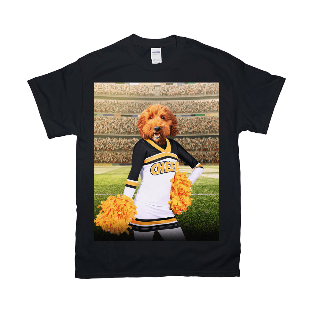 Black Gildan t-shirt with a personalized pet cheerleader design, featuring a dog's head on a white uniform.