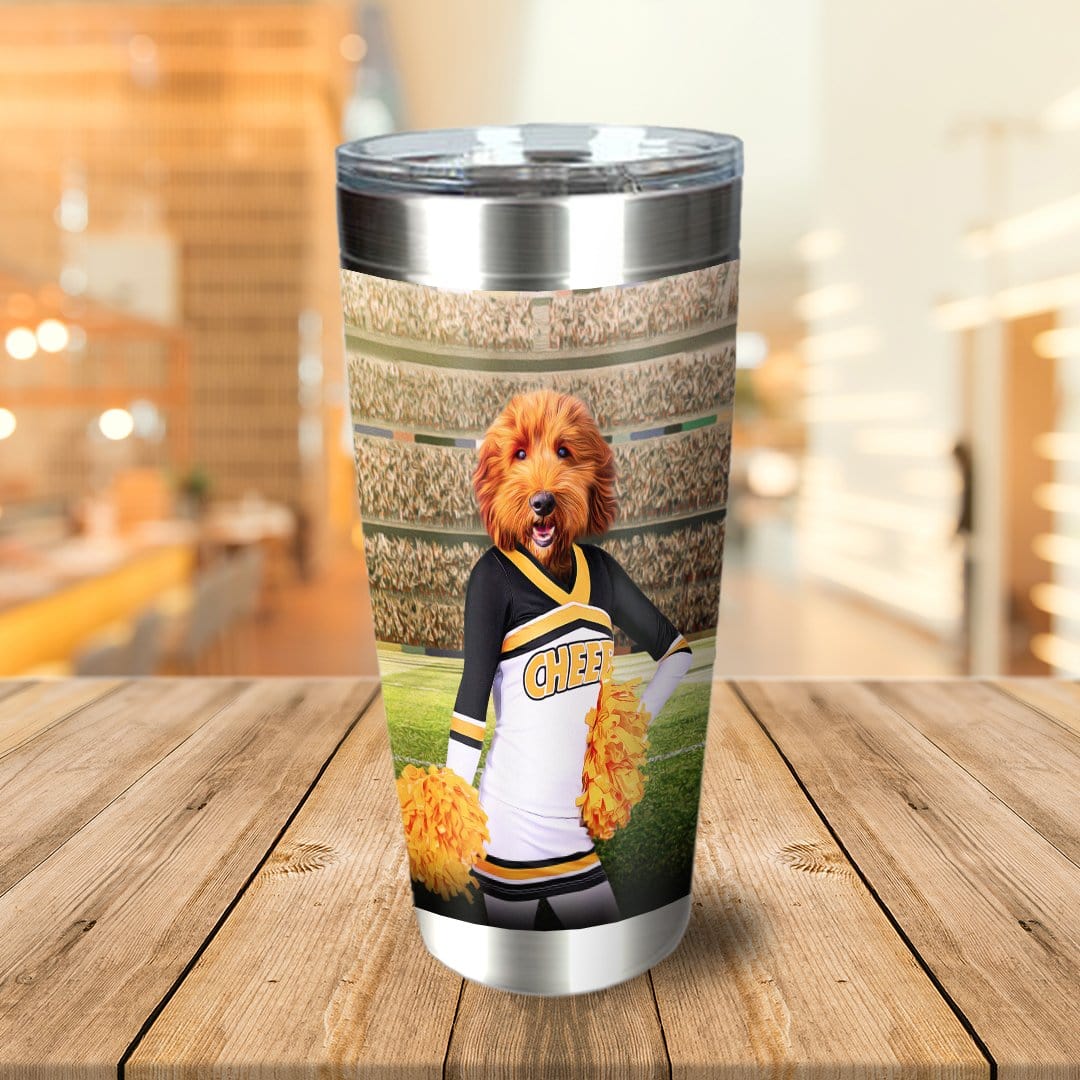 Personalized stainless steel tumbler with a custom dog portrait as a cheerleader in a stadium.