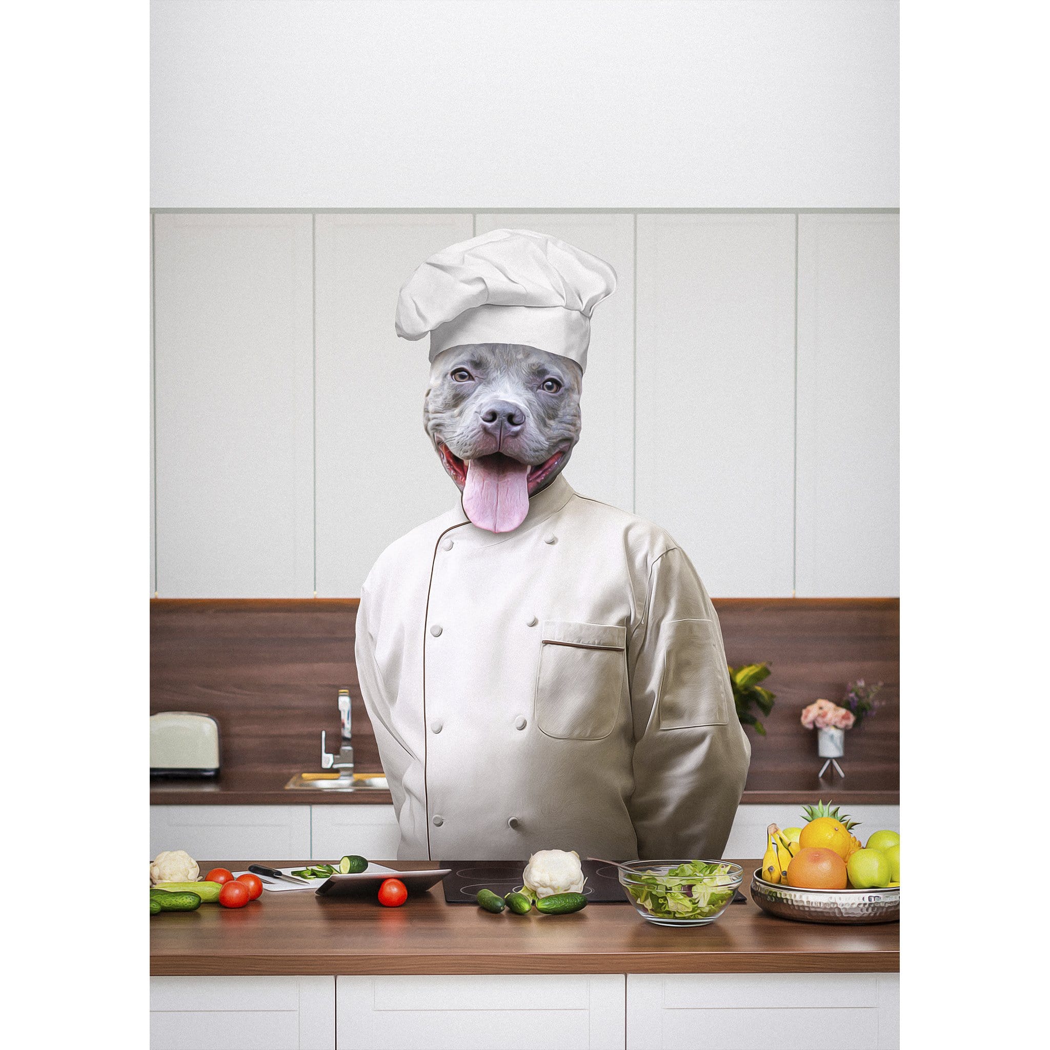 Personalized digital portrait of a pit bull dog as a chef in a kitchen.