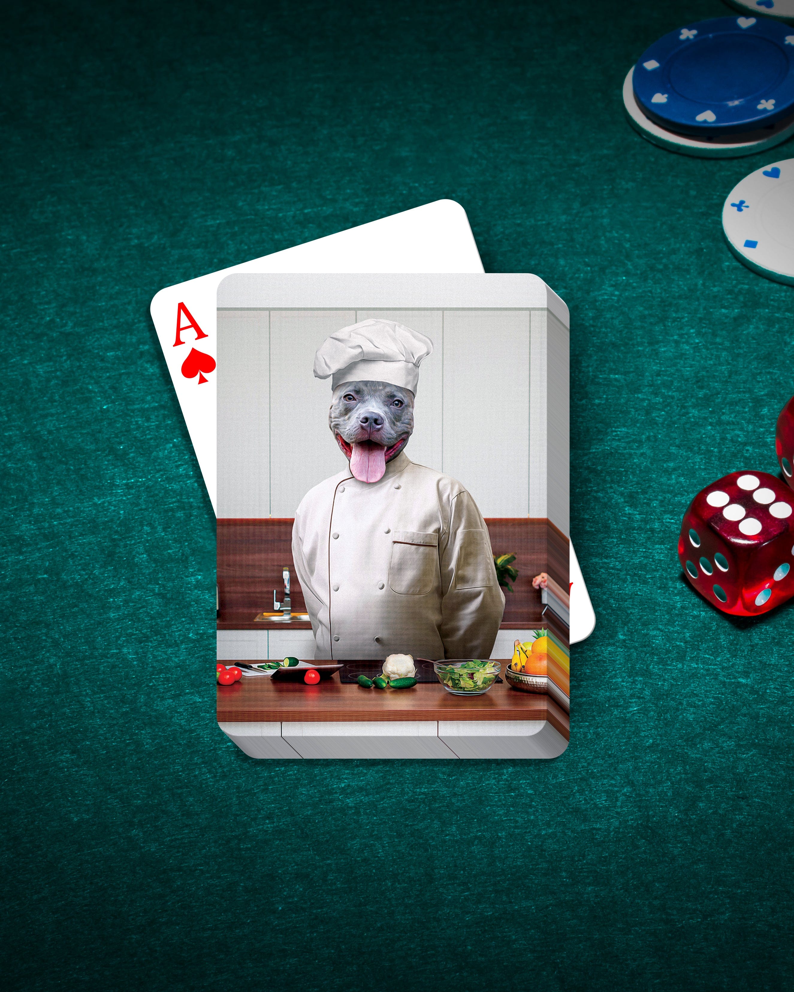 Personalized playing card featuring a dog's head on a chef's body, with poker chips and dice.