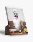 Personalized pet standing canvas featuring a gray dog in a white chef's hat and coat, standing in a kitchen.