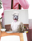 Personalized white tote bag with a custom portrait of a smiling pitbull dog in a chef's uniform.