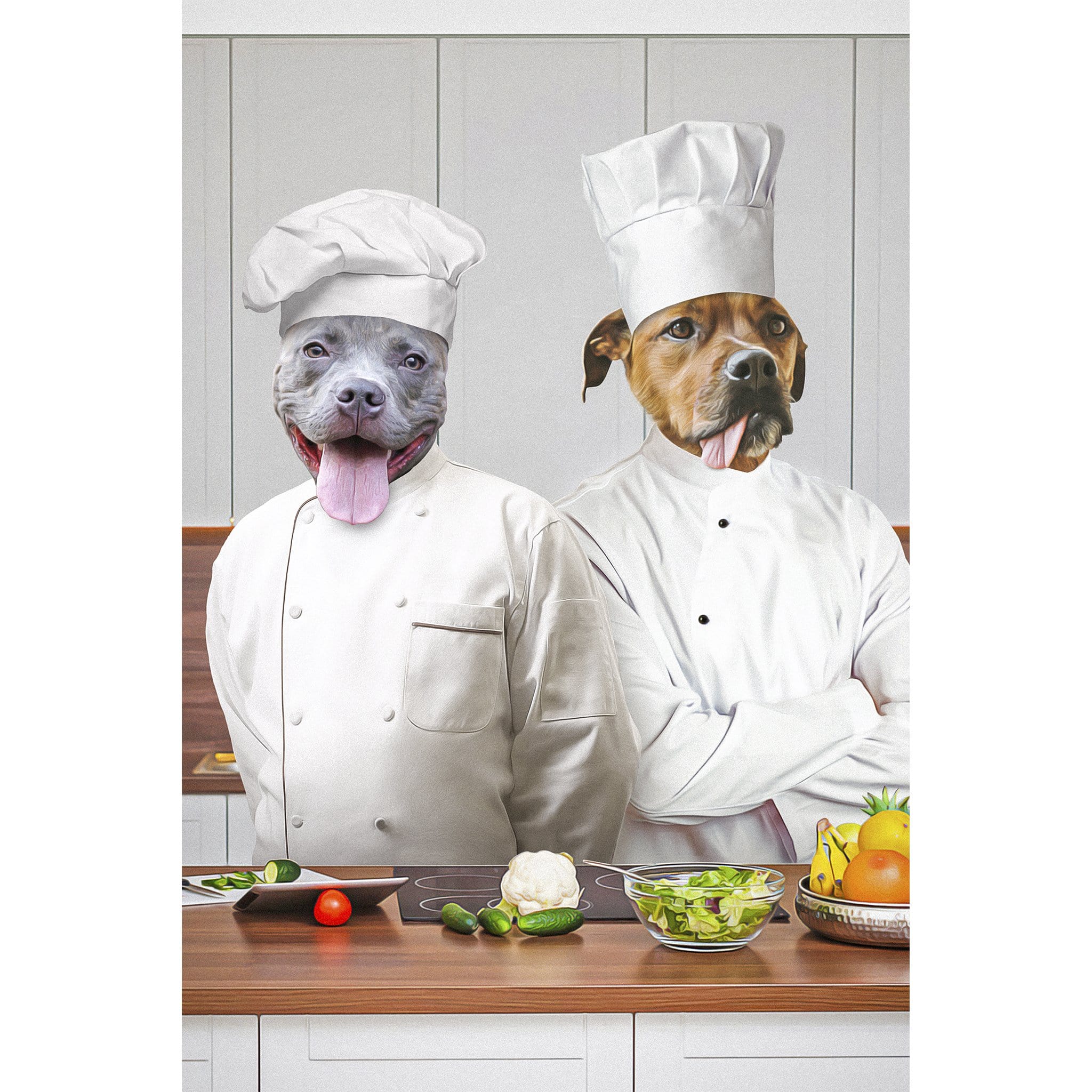 Custom digital portrait of two dogs dressed as chefs in a kitchen.