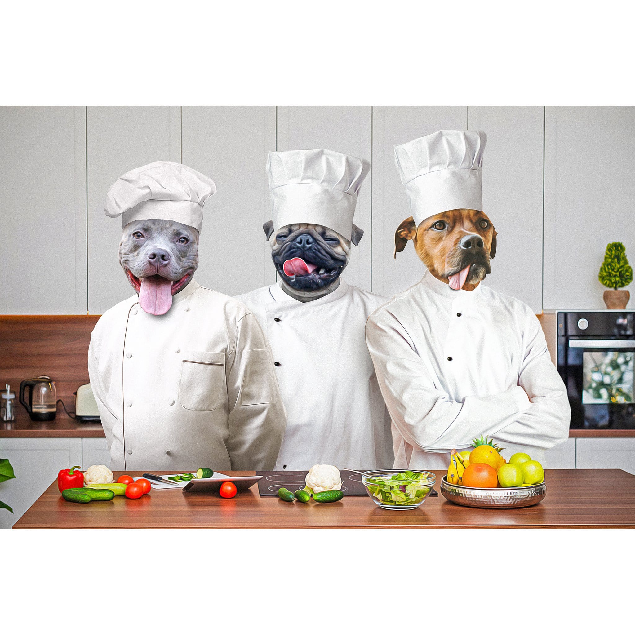 Custom digital portrait featuring three pets as chefs in a kitchen.