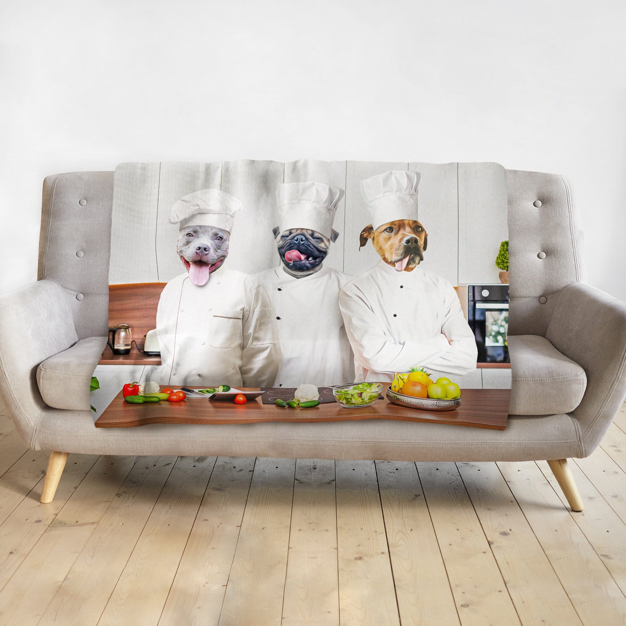 Custom personalized blanket with three pet dog portraits as chefs in a kitchen scene.