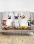 Custom personalized blanket with three pet dog portraits as chefs in a kitchen scene.