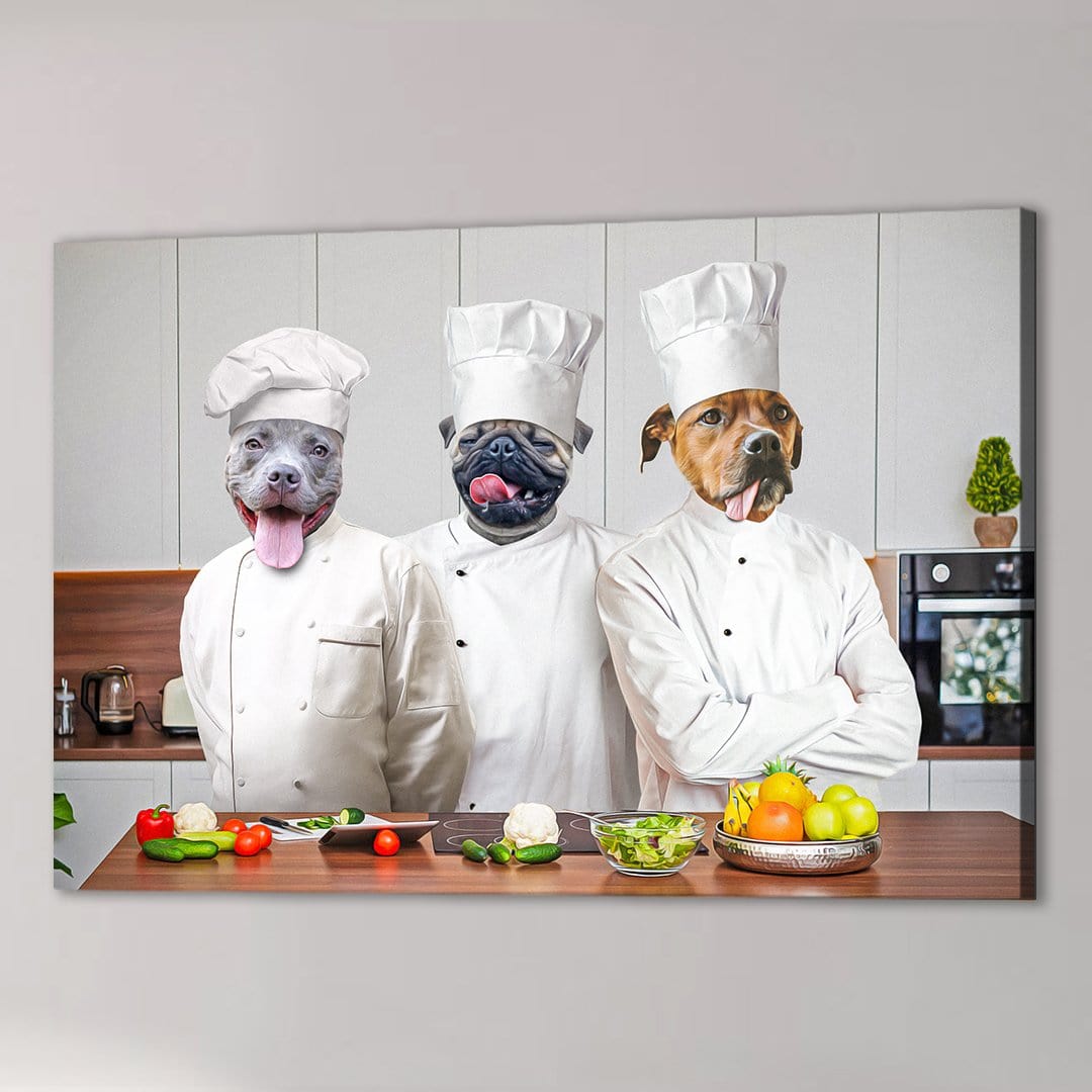 Three personalized pet portraits on canvas, depicting dogs as chefs in a kitchen.
