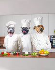 Three personalized pet portraits on canvas, depicting dogs as chefs in a kitchen.