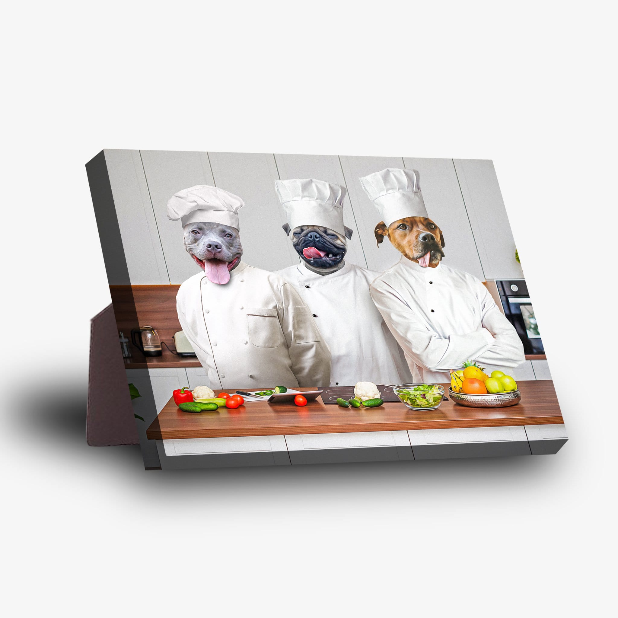 Personalized standing canvas featuring three pets as chefs in a kitchen, with a sturdy back stand.